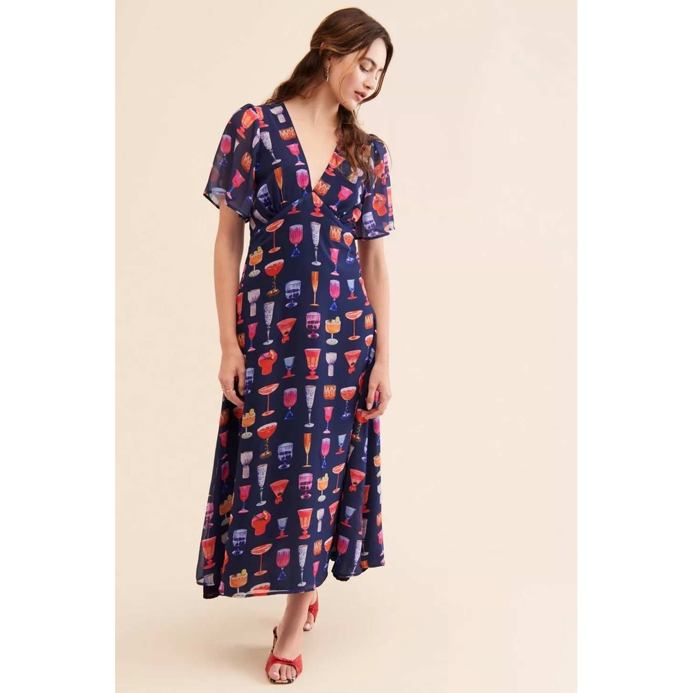 Cocktail Novelty Print Tiki Lisa Says Gah Grace Dress Midi Flutter Sleeve S Navy
